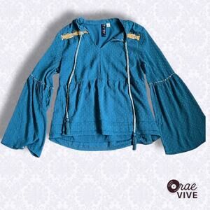 Blue Rain Boho Peasant Blouse Small Teal Gold Trim Bell Sleeve Tassel Tie Top